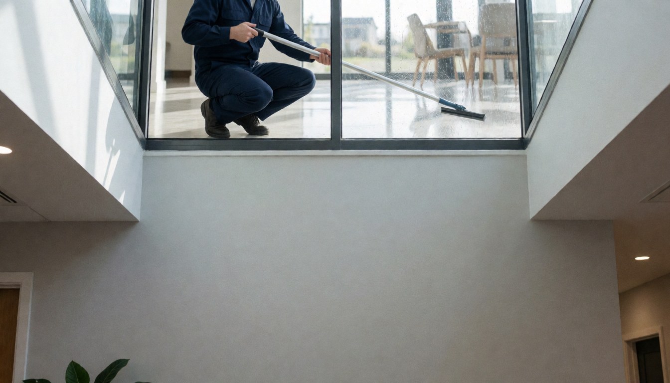 Worker in blue uniform cleaning a large glass window with a squeegee, polished floor reflecting sunlight, clean white walls.