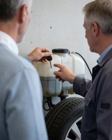 A mechanic in a workshop points to a water tank while a customer holds a wrench during a tire repair service