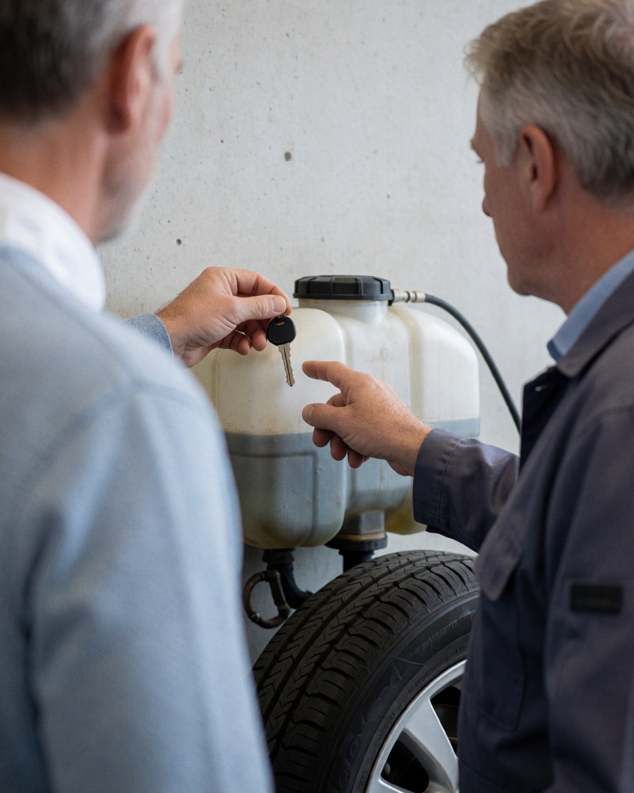 A mechanic in a workshop points to a water tank while a customer holds a wrench during a tire repair service