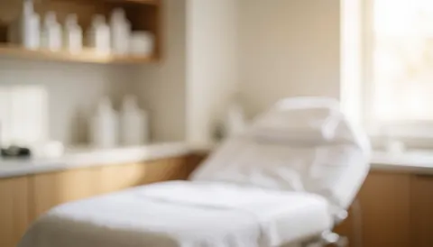 Blurred background of a facial treatment room featuring a white bed and a wooden shelf with bottles under warm lighting.
