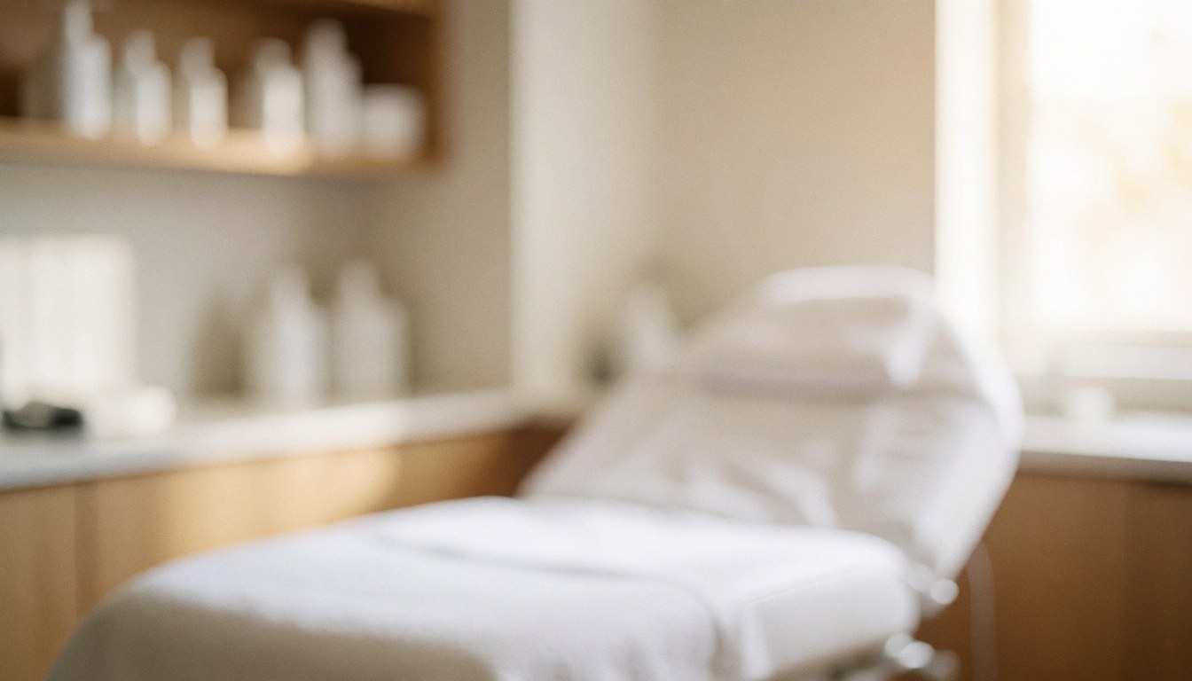 Blurred background of a facial treatment room featuring a white bed and a wooden shelf with bottles under warm lighting.