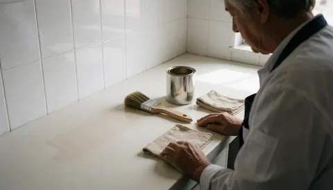 Professional applying finish to furniture with a cloth, brush, and varnish can nearby in a workshop with white tiled walls