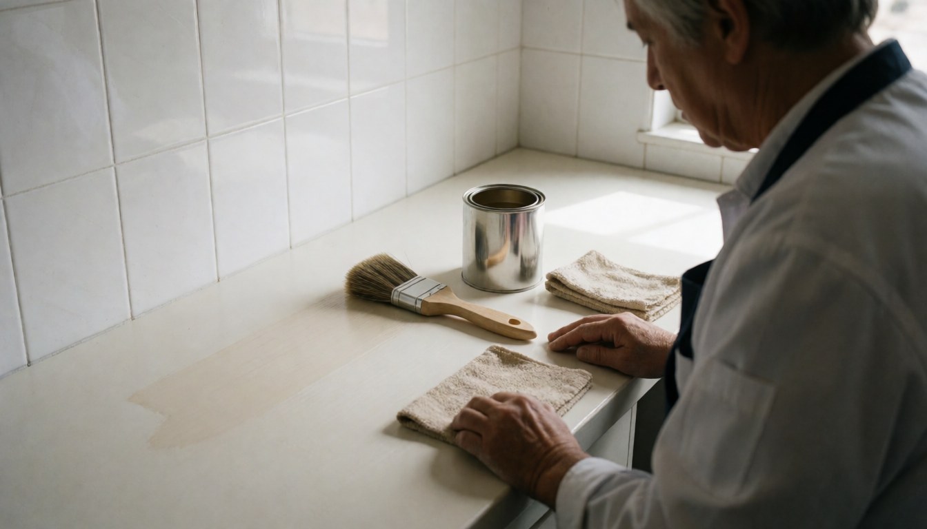 Professional applying finish to furniture with a cloth, brush, and varnish can nearby in a workshop with white tiled walls