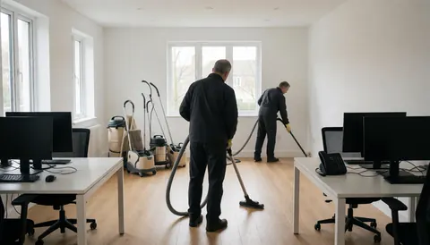 Two professionals cleaning a hardwood floor with HEPA vacuums in a modern office with windows and computers