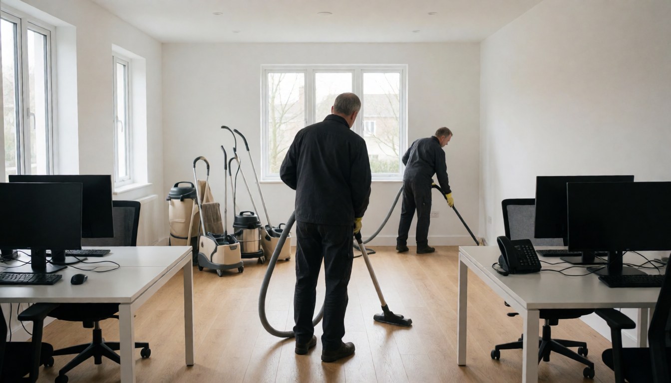 Two professionals cleaning a hardwood floor with HEPA vacuums in a modern office with windows and computers