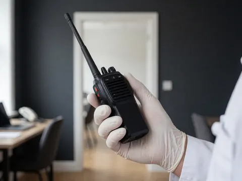 Close up of a hand wearing a white glove holding a black radio against a gray wall for banquet service