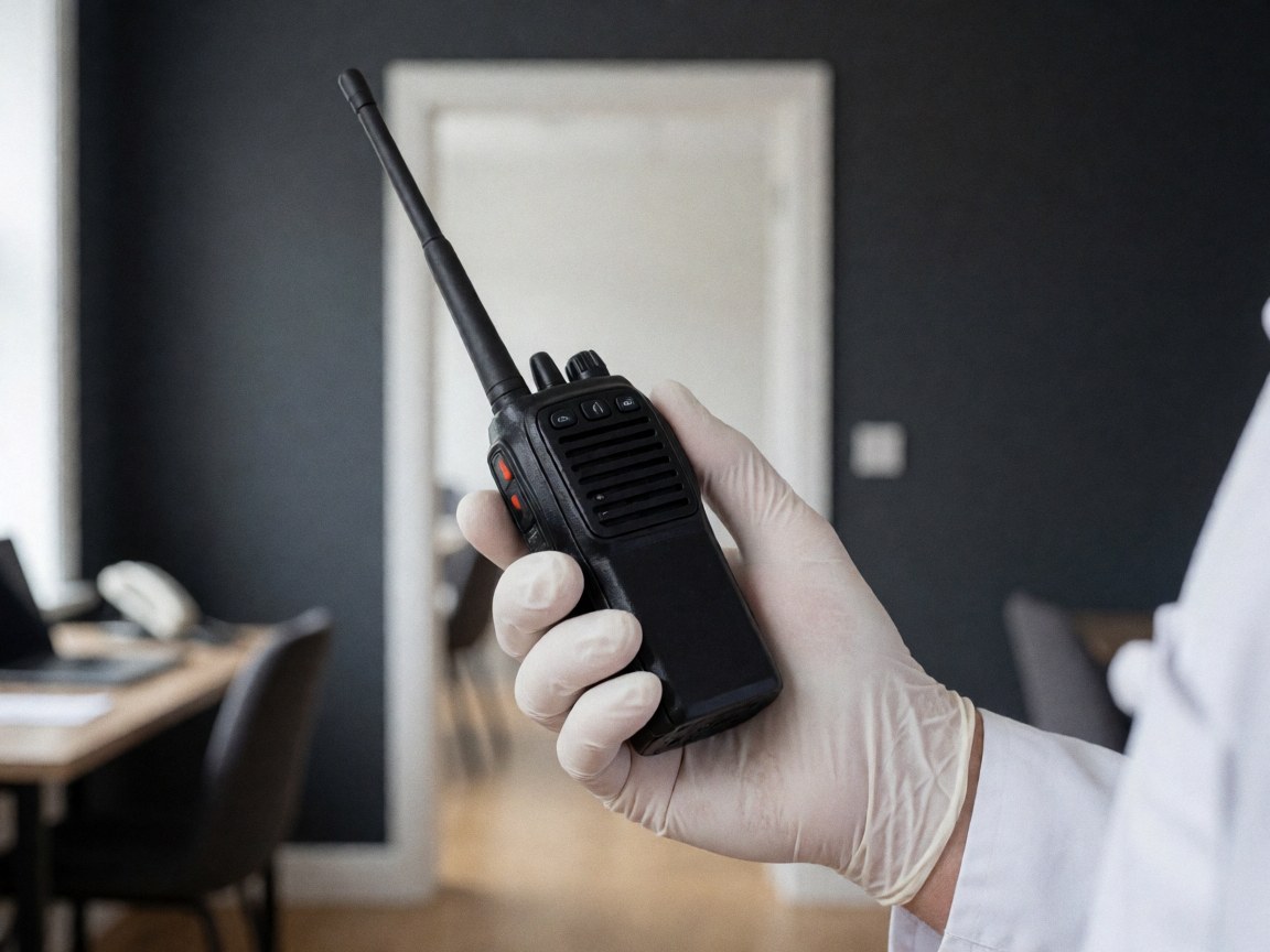 Close up of a hand wearing a white glove holding a black radio against a gray wall for banquet service