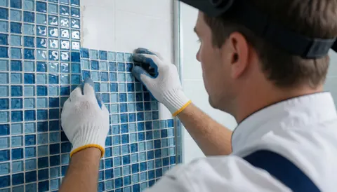 Worker installing blue mosaic tile on shower wall with white gloves and visible tools in a modern bathroom setting