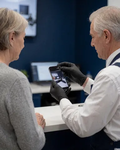 Technician in black gloves displays a new smartphone camera to a client in a workshop with a dark blue wall and work table