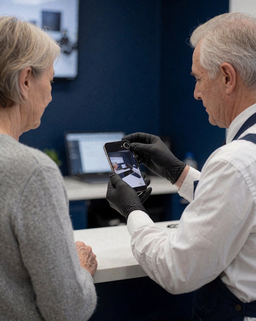 Technician in black gloves displays a new smartphone camera to a client in a workshop with a dark blue wall and work table
