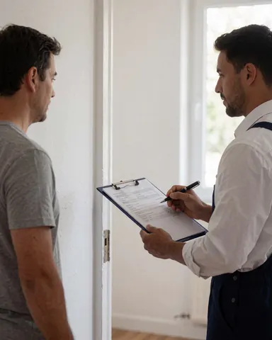 A technician delivers a service report to a client at the entrance, featuring natural lighting and a professional setting.