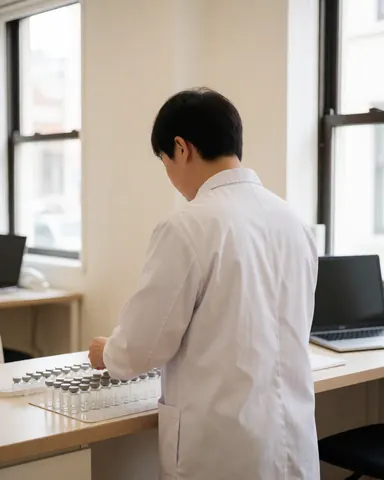 Back view of a homeopath arranging glass vials on a worktable in a bright modern clinic with large windows.