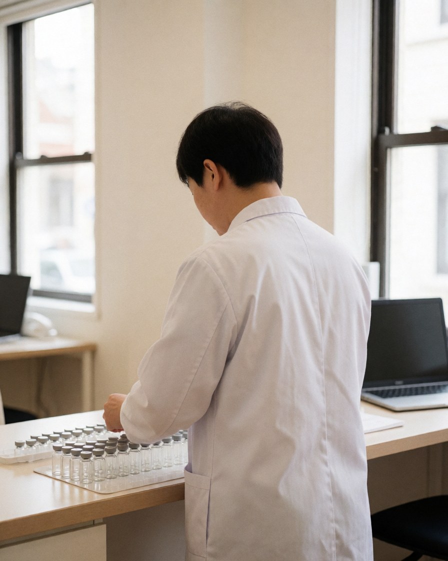 Back view of a homeopath arranging glass vials on a worktable in a bright modern clinic with large windows.