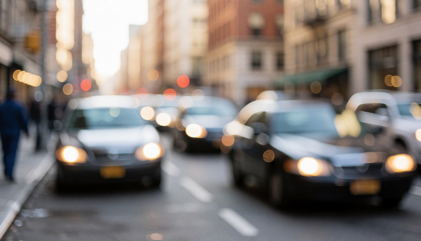 Out of focus city street with moving vehicles, brake lights, and headlights, ideal as a background for commercial text overlays.