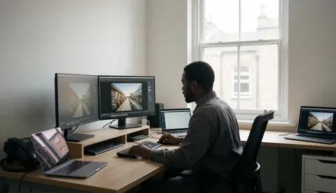 Editor working on panoramic images with dual monitors and natural light in a professional studio setting