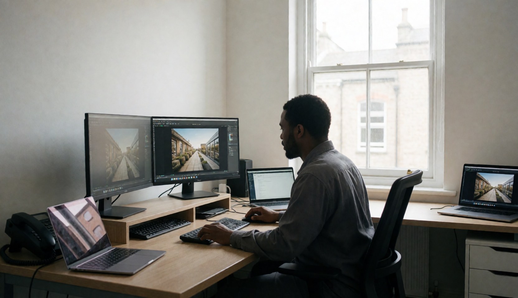 Editor working on panoramic images with dual monitors and natural light in a professional studio setting