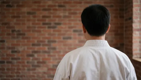 Person in white martial arts uniform standing with back to camera against brick wall with soft lighting
