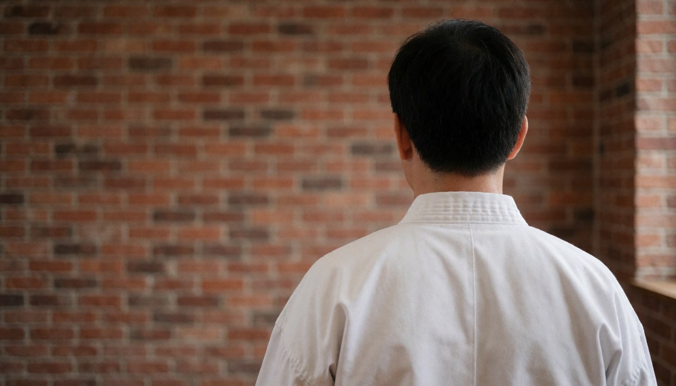 Person in white martial arts uniform standing with back to camera against brick wall with soft lighting