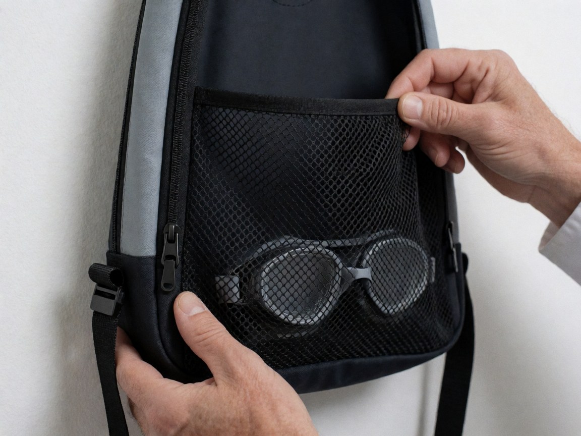 Close-up of a swimming bag mesh with visible goggles against a white background, useful for swimming coaches.