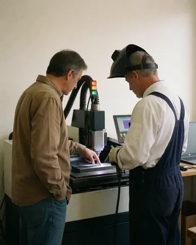 A client and operator inspect a freshly laser-cut metal piece in an industrial workshop with status lights on.