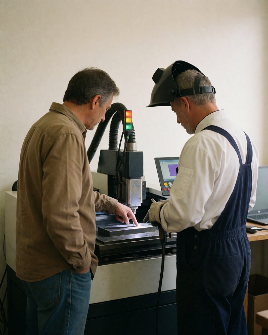 A client and operator inspect a freshly laser-cut metal piece in an industrial workshop with status lights on.