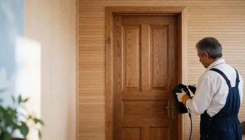 A man uses a power tool to install a wooden door in a hallway with slat walls, demonstrating professional door installation services.