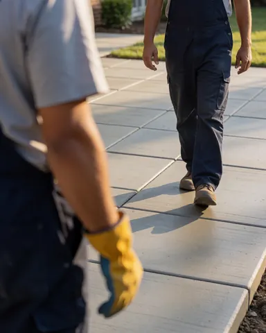 A bricklayer walks across newly laid concrete pavement while wearing work gloves and sneakers during sunset.