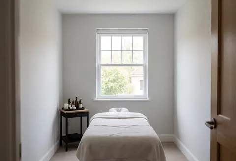 A quiet massage treatment room featuring a covered bed, side table with oils, and soft natural light from a window against light gray walls.