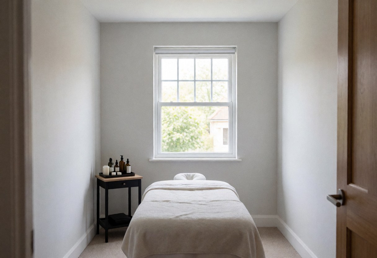 A quiet massage treatment room featuring a covered bed, side table with oils, and soft natural light from a window against light gray walls.