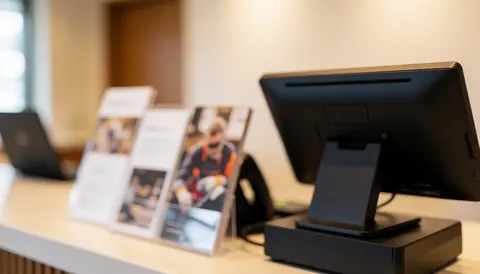 Reception area of a sports club featuring a point of sale terminal and brochures, with warm lighting and a blurred background suitable for text overlay.
