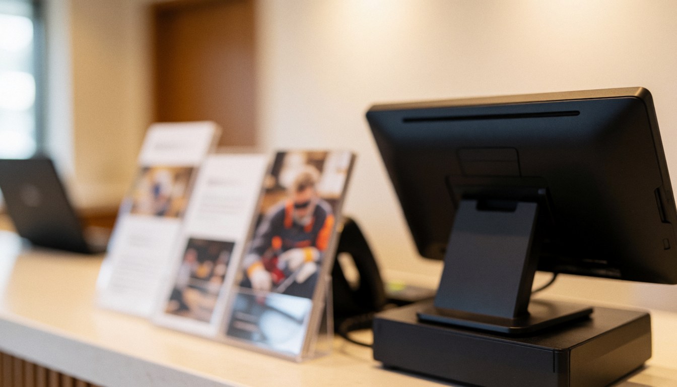 Reception area of a sports club featuring a point of sale terminal and brochures, with warm lighting and a blurred background suitable for text overlay.