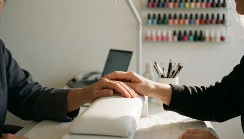 Close-up of a professional manicure in progress with visible nail polish bottles and tools on a clean white surface.