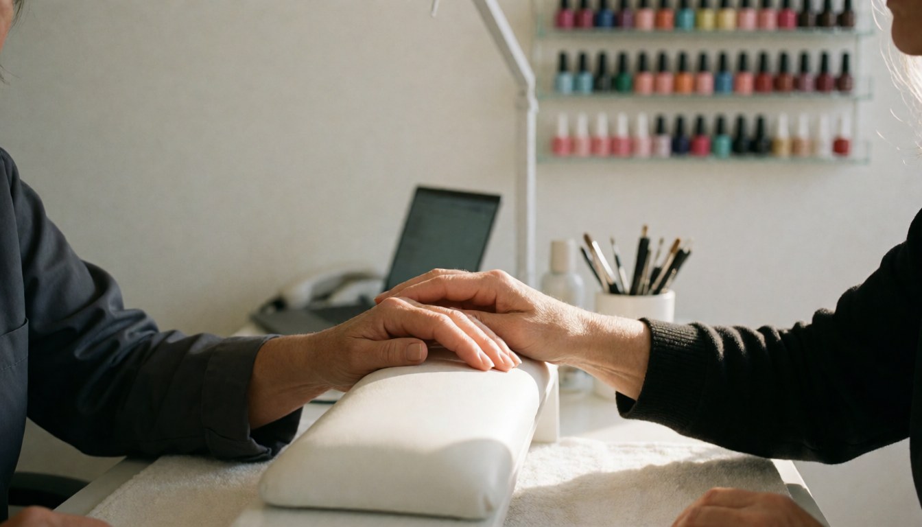 Close-up of a professional manicure in progress with visible nail polish bottles and tools on a clean white surface.
