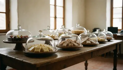 Delicious desserts displayed under clear glass domes on a rustic wooden table, illuminated by natural light in a bright white-walled space.