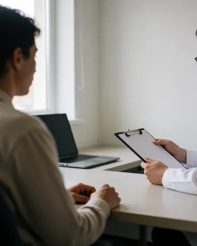 A satisfied customer sits during a therapy session while the therapist holds a portfolio, with a laptop on the desk and natural light in the room