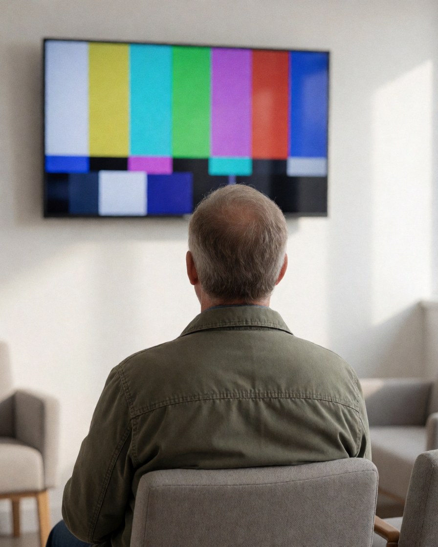 Senior customer watching repaired tv in modern waiting room