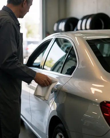 Mechanic wiping silver car door with white cloth in workshop with tires in background