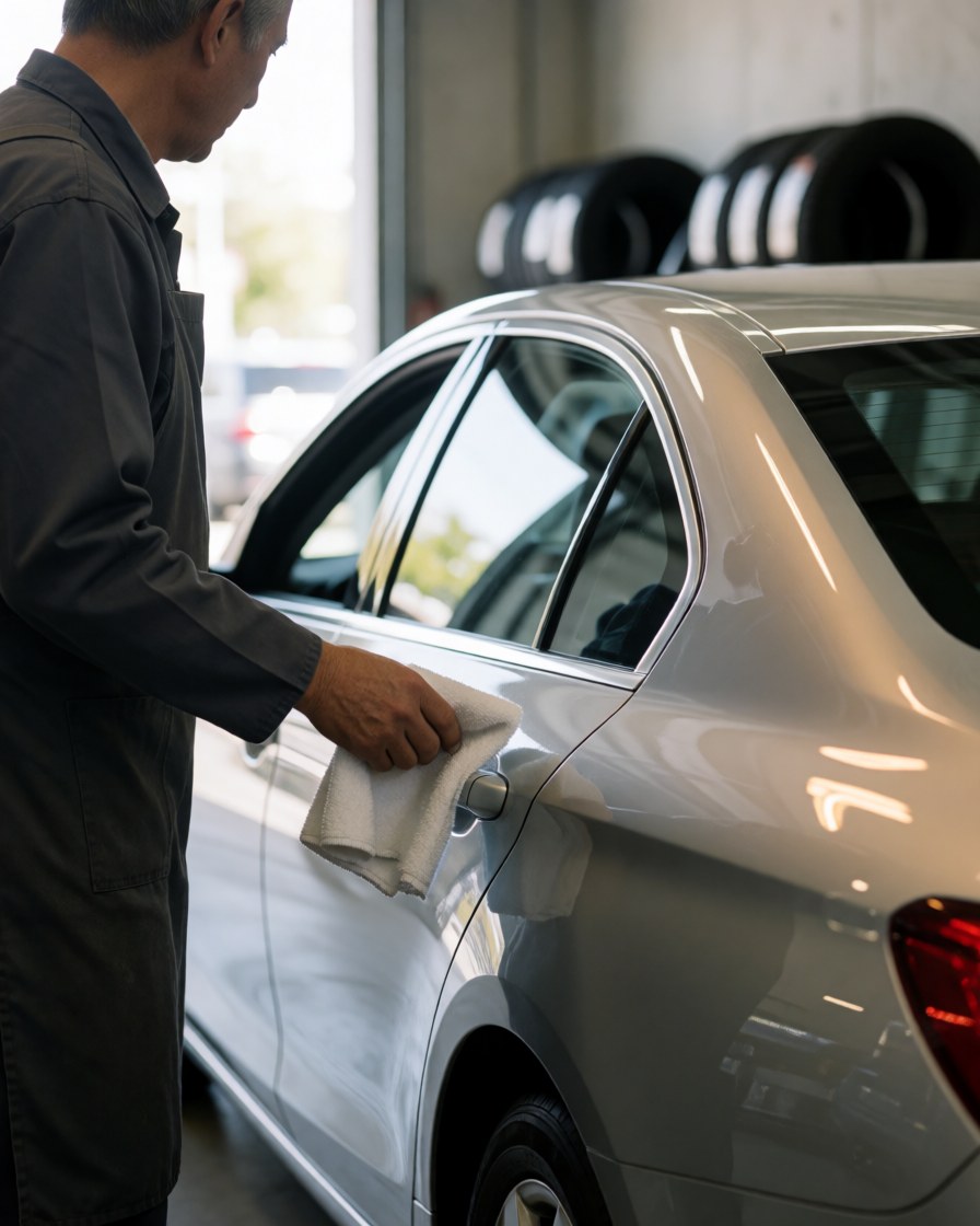 Mechanic wiping silver car door with white cloth in workshop with tires in background