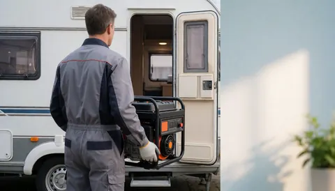 Mechanic in uniform carrying a portable generator toward a white camper in an outdoor lot with soft morning light and copy space on the right.