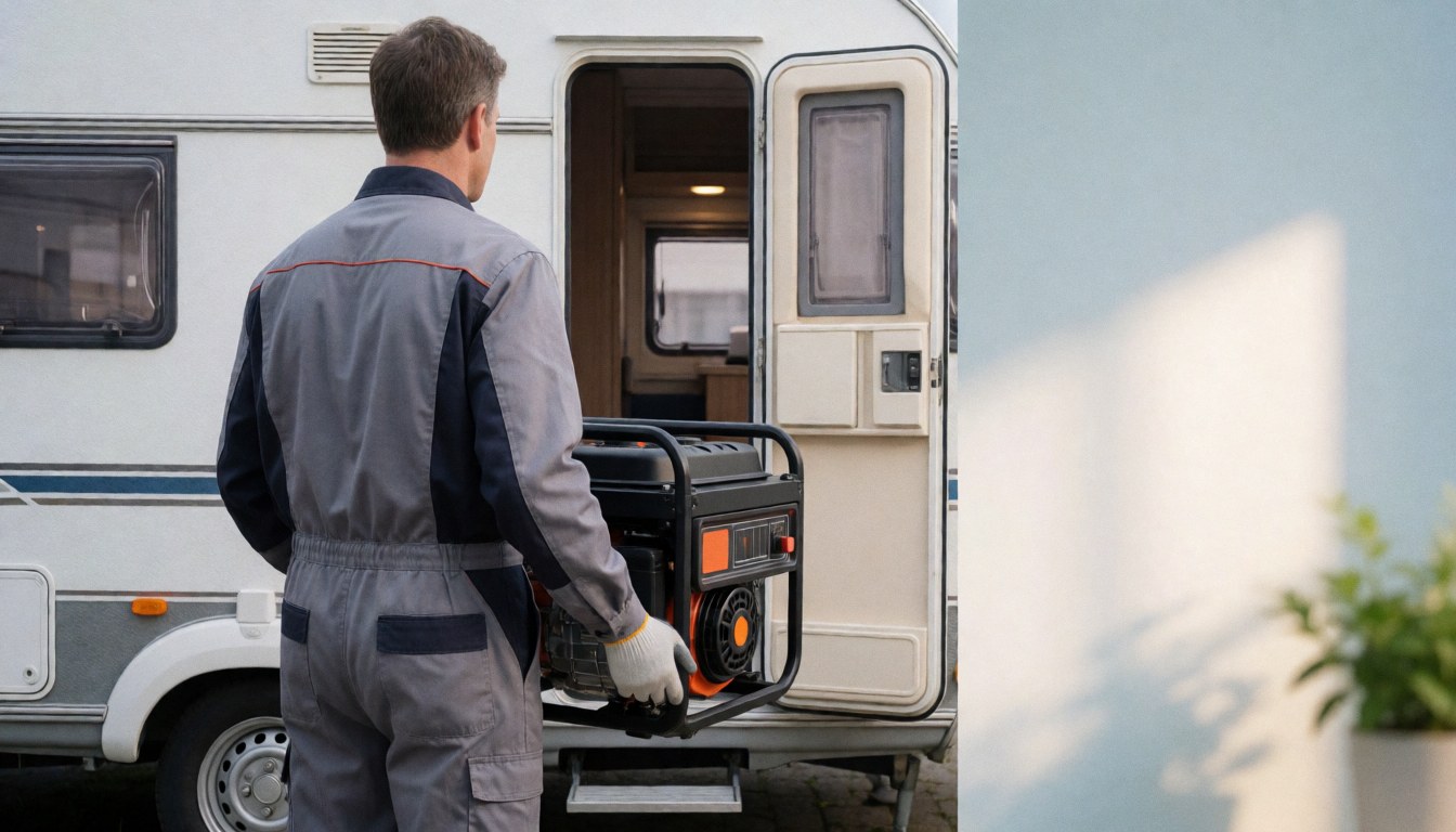 Mechanic in uniform carrying a portable generator toward a white camper in an outdoor lot with soft morning light and copy space on the right.