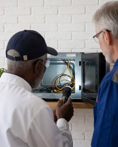 Technician with safety glasses inspects the interior of an open microwave using a flashlight against a white brick wall.
