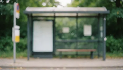 A blurred bus stop bench and advertising board with green trees in the background, ideal for public transport text overlays.
