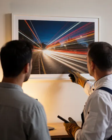 A kinetic photographer displays a framed long-exposure photograph of traffic lights to a happy customer in a room with white walls and warm lighting.