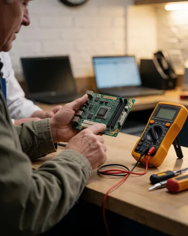 Technician inspects a motherboard using a multimeter in a workshop with a white brick wall and warm lighting.