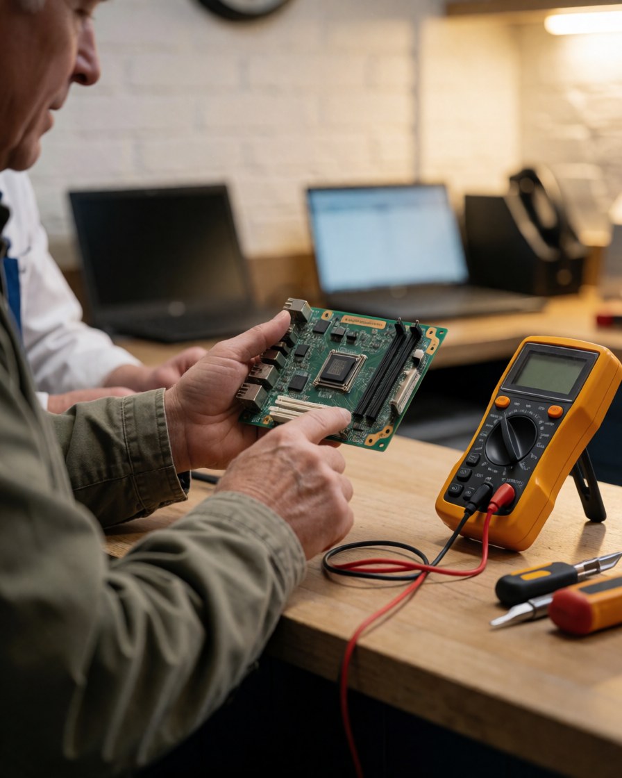 Technician inspects a motherboard using a multimeter in a workshop with a white brick wall and warm lighting.