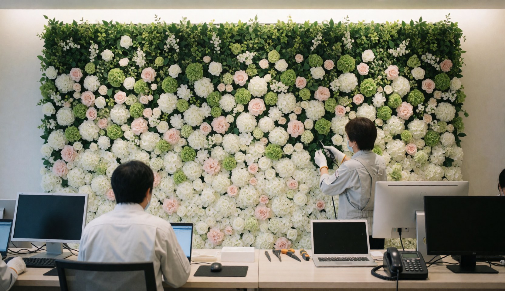 Person working on a white and green floral wall in a modern office with tools and computers on the desk