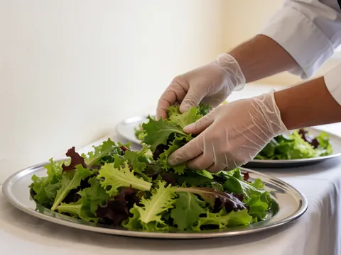 Hands wearing gloves placing fresh lettuce onto serving plates on a white table for event food preparation