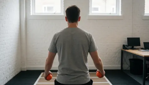 Man holding orange foam balls in a gym with white brick walls and natural light