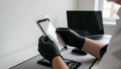 Technician with black gloves installing a screen protector on a disassembled phone on a white table with a laptop in the background