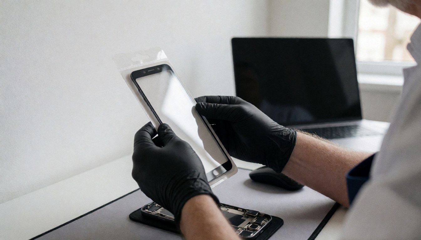 Technician with black gloves installing a screen protector on a disassembled phone on a white table with a laptop in the background